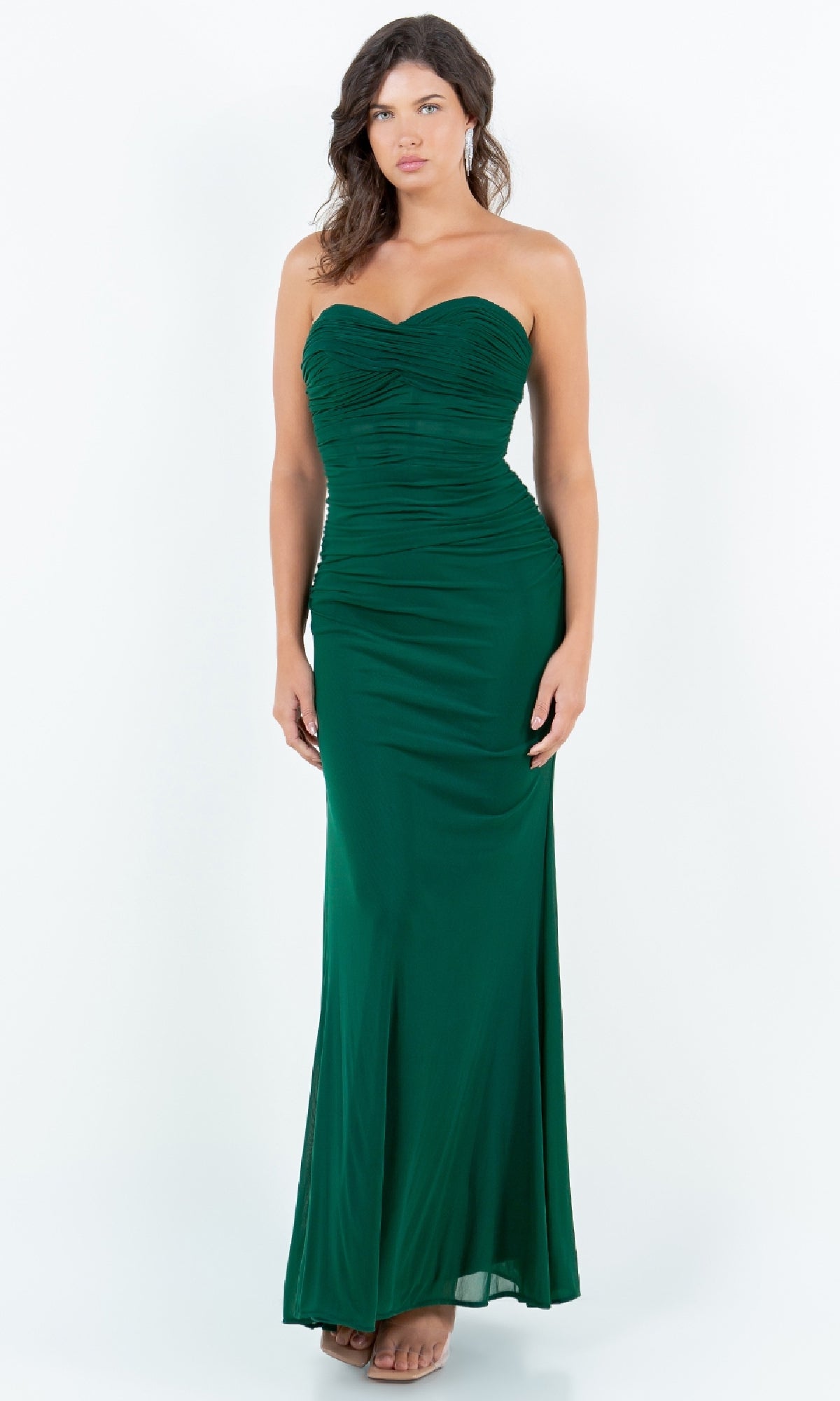 A woman models the Strapless Green Prom Gown: Cinderella Couture 8242J, featuring a sweetheart neckline, standing against a plain white background.